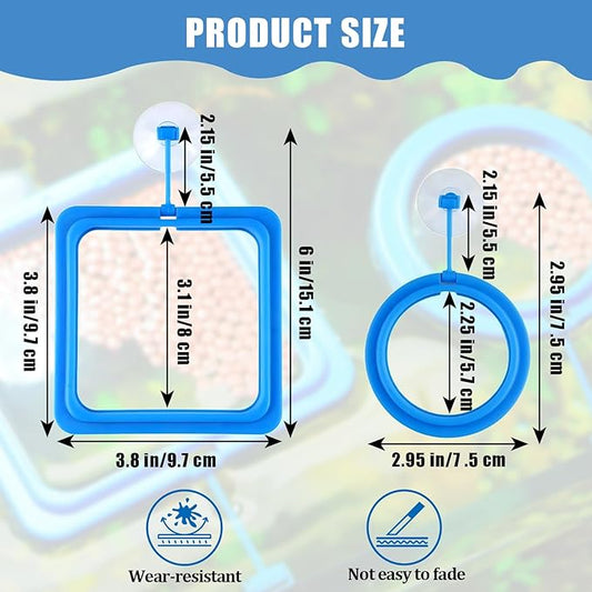 2PCS Small Fish Feeding Ring, Square and Round Mini Aquarium Feeder with Strong Suction Cup Floating Fish Feeder Ring for Betta Goldfish Guppy (Blue)