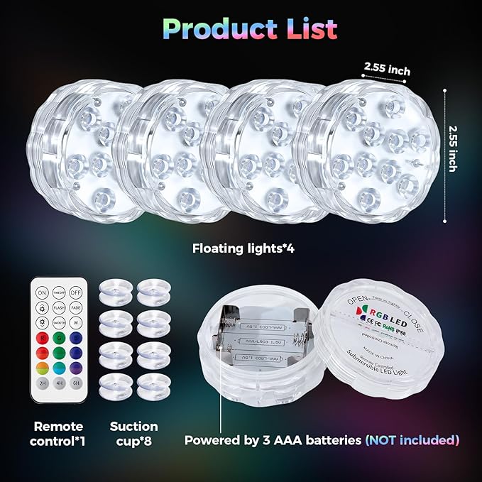 BITIWEND 2026 Upgraded Submersible LED Pool Lights with Remote, 10 LEDs IP68 Waterproof Floating Lights Battery Powered Lights for Hot Tub, Spa, Vase, Pond, Decoration, Party (4 Pack)