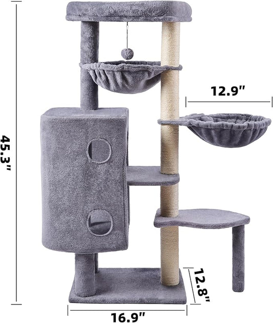 HUITREE 45in Cat Tree Tower with Big Condo for Indoor Cats,Cat Tower with Scratching Post,Scratching Board and Cat Toys,Multi-Level,Small Space,Transformer Cat Tree (Grey+)