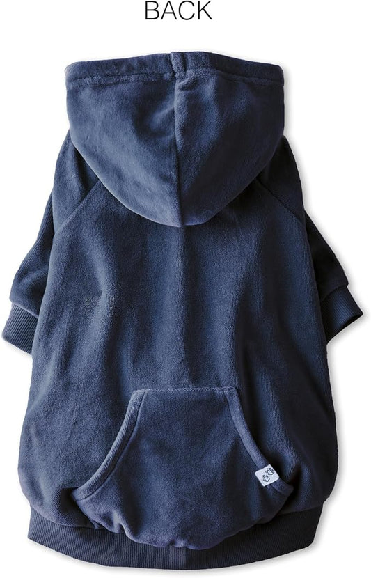Pet Passion Cooper II Organic Cotton Velour Dog Hoodie Pet Coat for Small, Medium and Large Dogs, Navy, Small