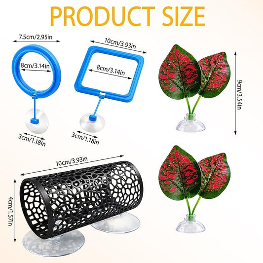 5pcs Fish Feeding Ring, Betta Feeding Ring and Hammock, Feeding Ring for Fish Tank and Aquarium, Assorted Blue Circular and Square Rings with Grass and Tunnel Accessories for Fish Feeding and Resting