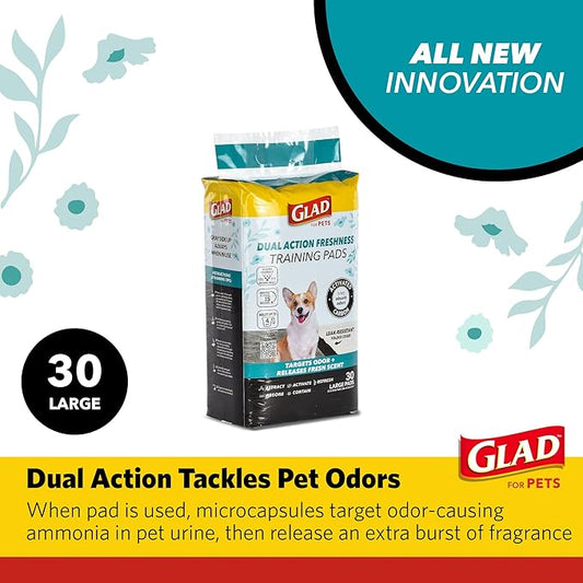 Glad for Pets Dual Action Freshness Activated Carbon Puppy Pads, Fragrance Release, Scented Odor Control, 6-Layer Leak-Proof, Pheromone Attractant, 23 x 23 Inch, 30 Count