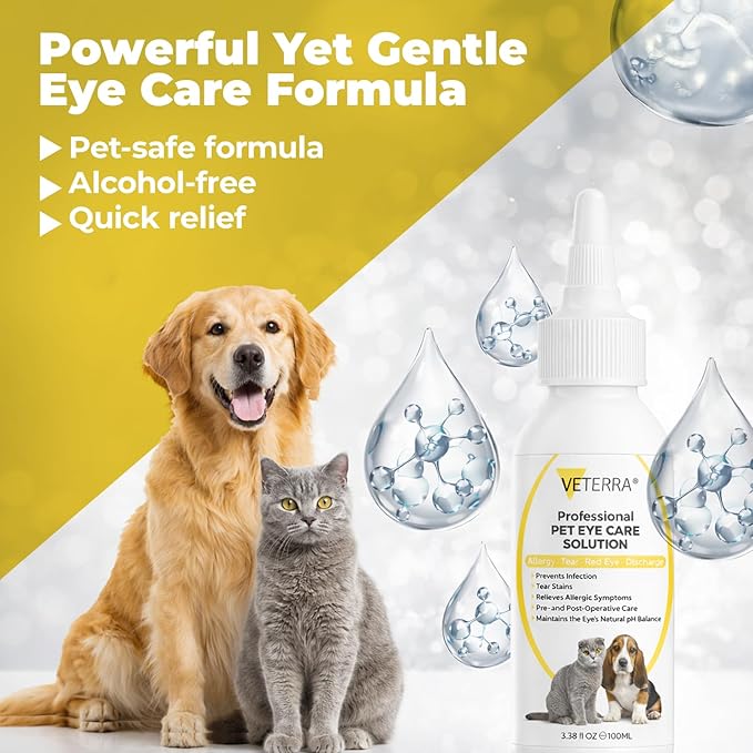 Dog and Cat Eye Care Solution for Dogs & Cats – Vet Recommended Eye Cleaner, Helps Remove Eye Discharge & Tear Stains, Supports Eye Hygiene, Gentle Daily Use Eye Wash - 3.38 Oz 100 Ml