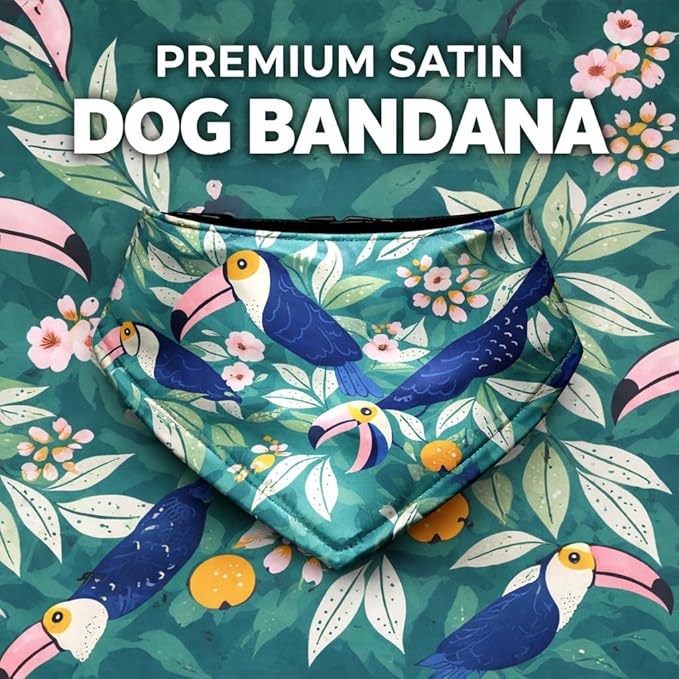 Luxury Satin Dog Bandana – Slip-On Collar Style, Premium Pet Scarf for Medium, Large & XL Dogs – Special Occasion Accessory (Collar Not Included) (Medium - Extra Large, Toucan (O) Luxe - Satin)