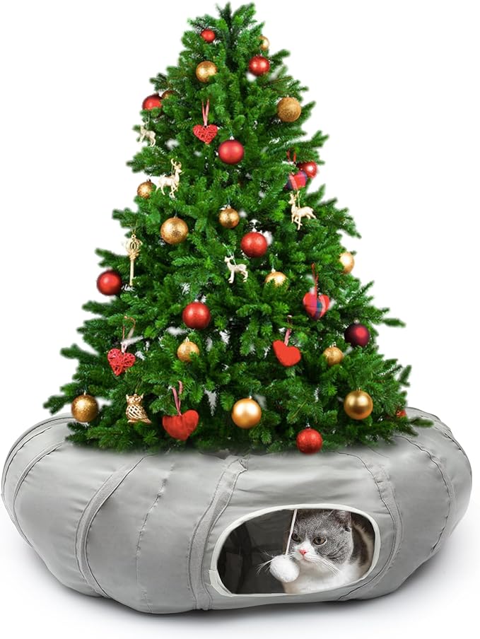AUOON Cat Tunnel Bed for Indoor Cats - Large Cat Donut Tunnel with Hanging Ball Toy, Collapsible 2-in-1 Multifunctional Interactive Cat Toy for Kitten, Puppy, Rabbit, Ferret (Light Grey)