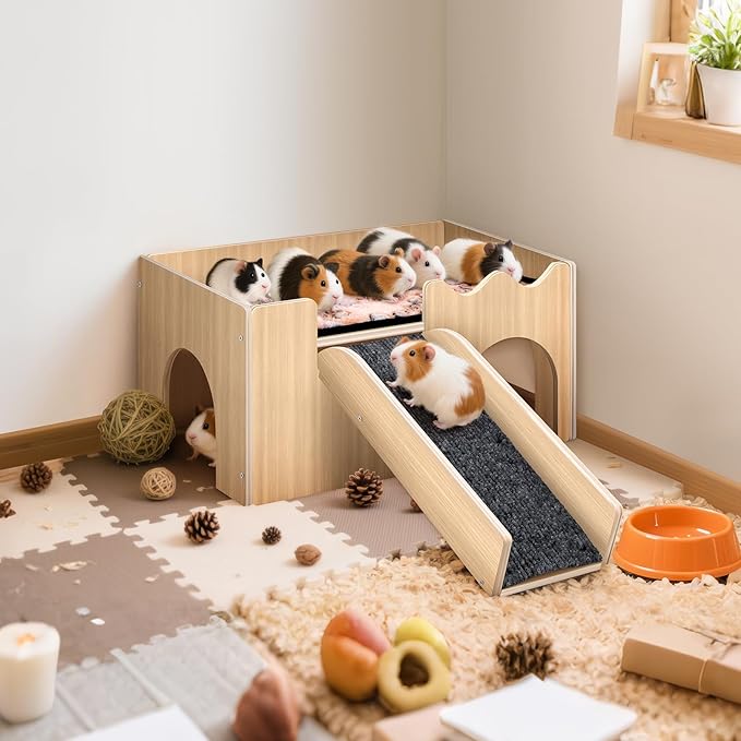 Extra Large Guinea Pig Hideout Castle, Natural Chew Proof Wooden Small Animal House with Anti-Slip Stairs & Mat, 2-Story Detachable Habitat, Easy to Assemble for Guinea Pigs, Rabbits, Hamsters