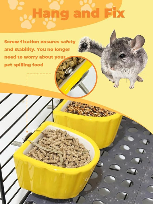 Chinchilla Food Bowl Ceramic Guinea Pig Cage Feeder Hanging Bunny Food Dish Small Animal Feeding Bowls for Syrian Hamster Ferret Gerbils (Yellow)