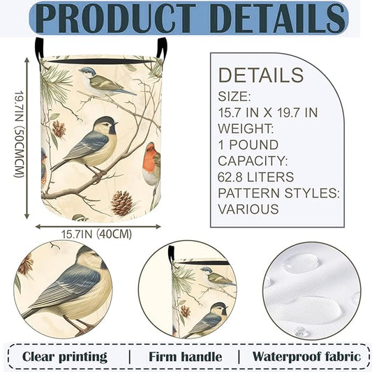 Vintage Birds Laundry Basket Hamper 19.7"x15.8", Bird and Pine Foldable Waterproof Oxford Clothes Storage Bucket for Room Bathroom Bedroom Nursery Decor, Toy Organizer Bins Gifts for Kids Boys Girls