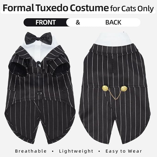 QBLEEV Cat Tuxedo Outfit with Bow Tie, Sphynx Cat Costume Formal Suit Wear | Soft breathable, stylish hairless clothes for cats only, kitten wedding birthday party shirt apparel for male boy