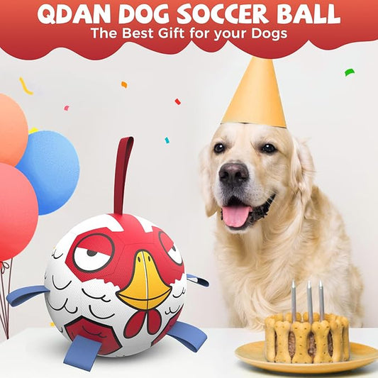 QDAN Chicken Dog Toys Soccer Ball with Straps, Interactive Dog Toys for Tug of War, Puppy Birthday Gifts, Tug Toy, Dogs Water Toy, Durable Dogs Balls for Dog(8 Inch)