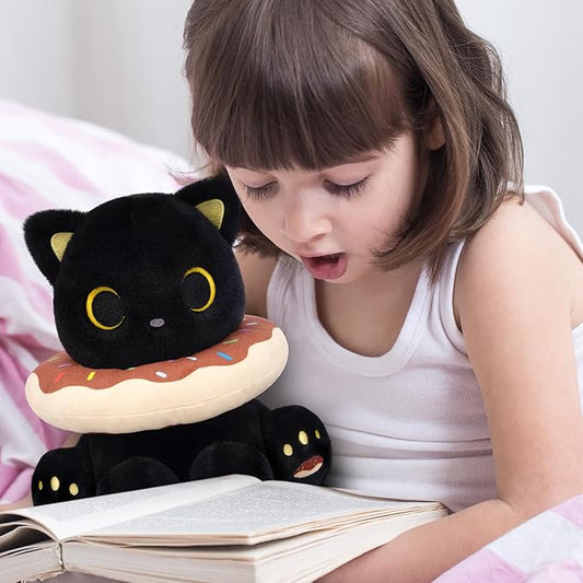 Black Cat Plush, 8inch Donut Black Cat Stuffed Animal Cute Plushies Toys for Girls Boys, Kawaii Kitten Plushie for Kids Adult, Birthday