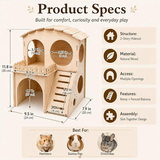 Large Guinea Pig Hideout Place, Double Layered Wooden Hamster House with ramp and Hamster Platform. Suitable for Hiding Places for Small Animals Such as Guinea Pigs, Hamsters, Rabbits, etc.