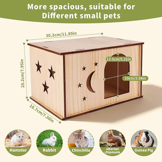 Wooden Guinea Pig House – Natural Wood Hideout for Chinchilla, Degu, Little Rabbit, Hedgehog, Squirrel – Gnaw Safe & Sunbathing Platform – Cage Accessories – 30x20x20 cm