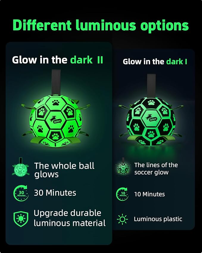 QDAN Dog Ball, Glow in The Dark Dog Toys, Light Up Soccer Ball for Dogs, Outdoor Dog Toys, Doggy Water Toy, Puppy Birthday Gifts for Medium Large (8 Inch)