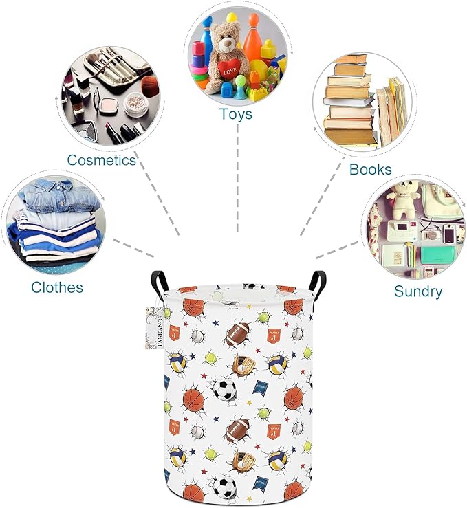 Storage Basket, Nursery Hamper Canvas Laundry Basket Foldable with Waterproof PE Coating Large Storage Baskets for Kids Boys and Girls, Office, Bedroom, Clothes,Toys(3D Sports Balls)