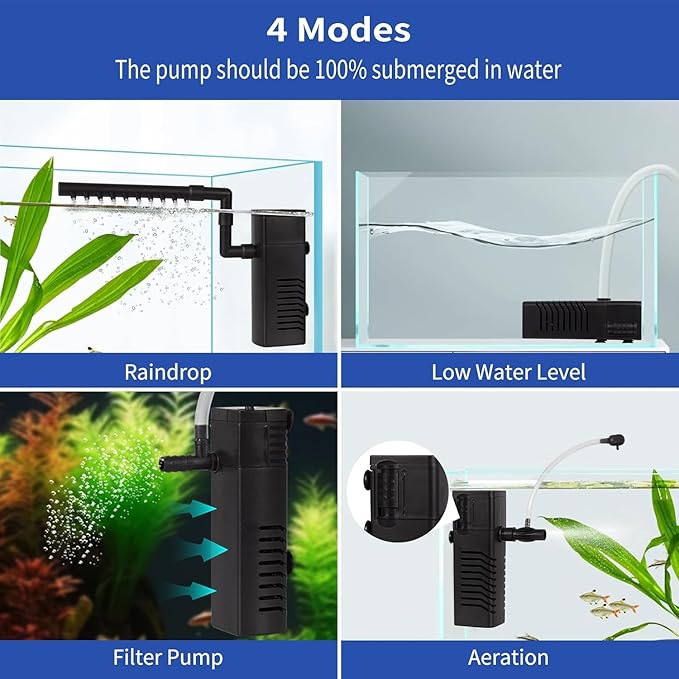 Aquarium Filter Fish Tank Filter Powerful Submersible Turtle Water Filters Ultra Quiet Biochemical Sponge Filter for 5 to 15 Gallon Tank Filtration/Oxygenation/Water Cycle 5in1(4W)
