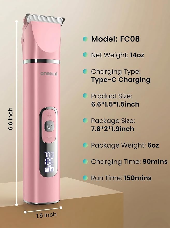 oneisall 4 in 1 Dog Grooming Kit with LCD Display, Dog Hair Trimmer for Paw Nail Grinder, Rechargeable Cordless Low Noise IPX7 Waterproof Pet Clippers Pink
