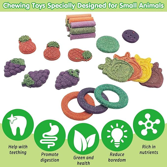 Fhiny 27 PCS Rabbit Chew Toys for Teeth, Natural Bunny Treats,Chinchillas Snack Food Small Animal Molar Toys for Guinea Pigs Mice Gerbils Made of Timothy Grass Pumpkin Beets Purple Potatoes Carrot