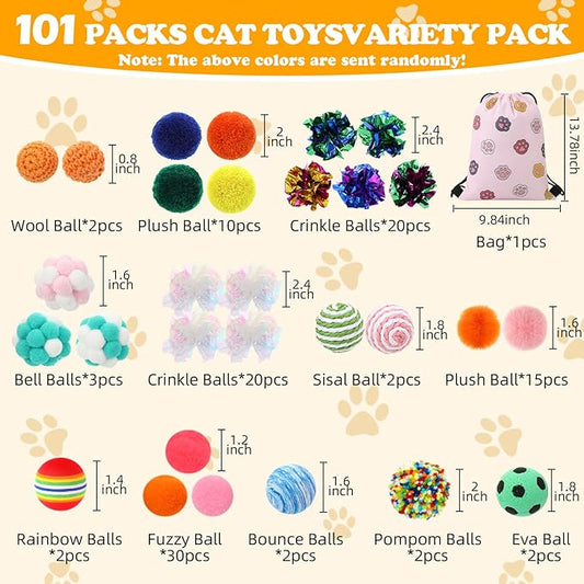 Leitee Cat Toy Balls Bulk with 1 Cat Paw Gift Storage Bags Set - Variety Interactive Kitten Toys Bundle with Crinkle Ball, Balls, Bells for Cats Mom Kittens and Indoor Cats Chase Pounce Rattle Play