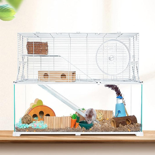 3 Tiers Large Hamster Cages, Glass Hamster Cage Habitat with Openable Wire Topper, Gerbil Cage with Two Ladders Ramps and Removeable Waterproof PVC Tray, Easy to Clean
