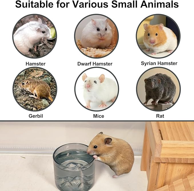 2 Pcs Hamster Feeding & Water Bowls, Glass Hamster Water Bottle Rat Food Bowl Anti Turning Small Animal Bowls for Gerbils Mice Rats (Grey)