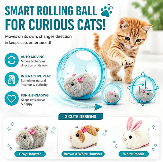 2026 New Self-Rolling Interactive Cat Ball Realistic Animal Automatic Moving Rolling Cat Ball 360° Rolling Spin Moving Cat Ball Fun Indoor Interactive Pet Ball for Cats Dogs Chasing(Blue,Rabbit)