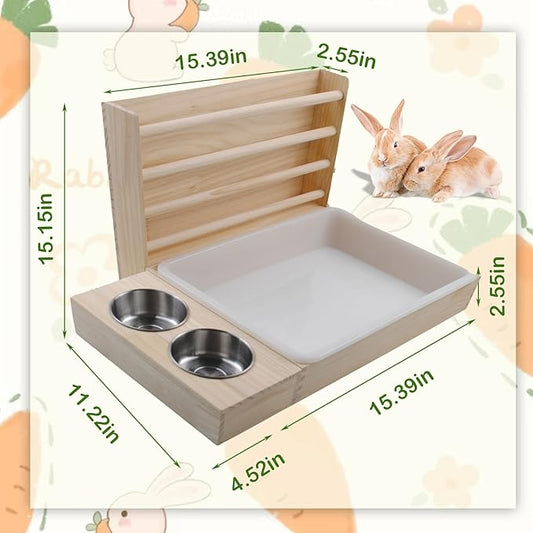 Rabbit Hay Feeder with Litter Box, 3 in 1 Wooden Bunny Feeder, Small Animal Hay Holder Rack for Rabbit, Guinea Pig, Hamster, Ferrets