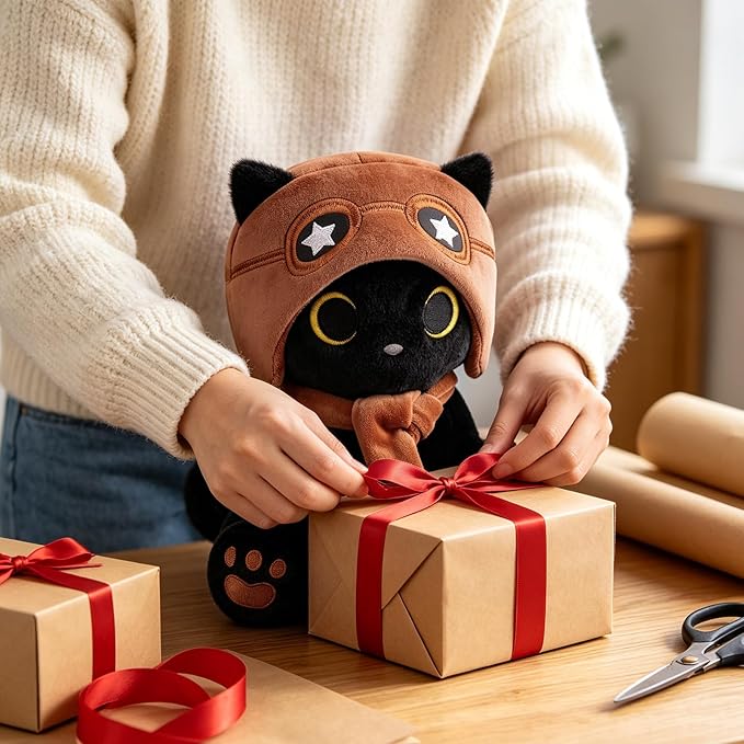 Cat Plush Toy - Black Cat with Removable Aviator Hat, 8" Cute Stuffed Animal for Kids & Adults, Soft Aviator Kitten Toy Birthday Gift for Boys,Girls, Little Pilots Party Favors
