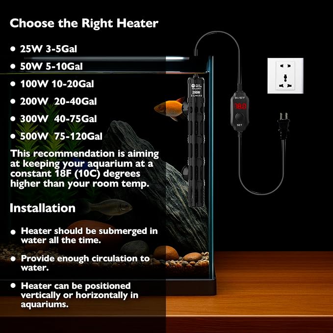 AquaMiracle Submersible Aquarium Heaters, 200W Fish Tank Heater with LED Digital Temp Display, Dry-Run Auto Power-Off & Overheat Protection, for Freshwater and Saltwater Tanks (20-40 Gal)