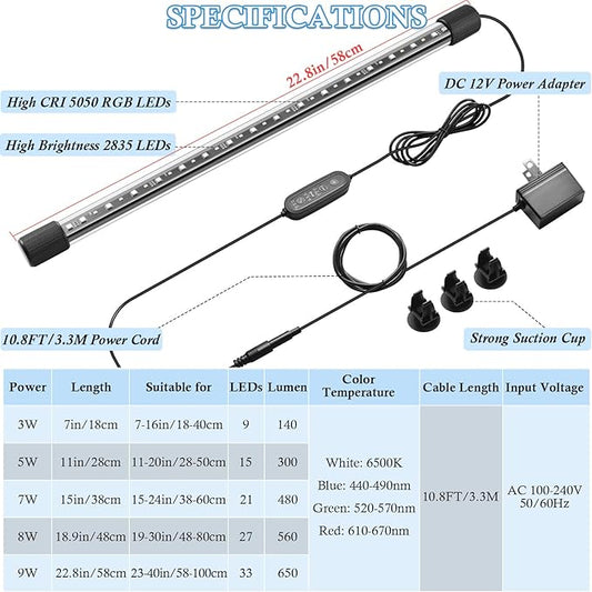 FEDOUR 22.8in Submersible Aquarium LED Light, 24/7 Mode Aquarium Lights with Full Spectrum RGBW LEDs, IP68 Waterproof Fish Tank Light with Dimming, Timming and Color Adjustable