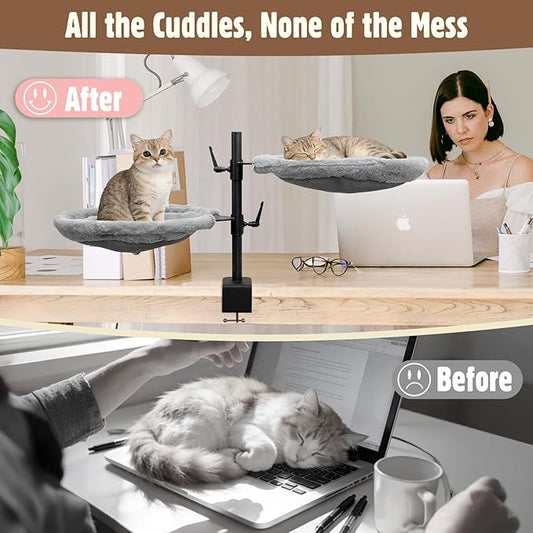 Double Cat Desk Bed, 360° Rotating & Adjustable Heigh Kitten Nest for Desktop, Double Kittens Clamp Hammock Bed with Dual-Sided Reversible Mat for Home Office-Maximum Hold Up to 40lb
