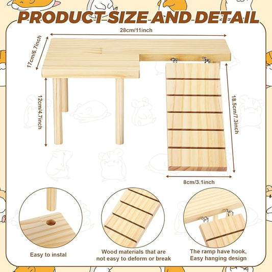 22 Pcs Hamster Platform Set Includes 1 Hamster Platform with Legs 1 Wooden 2-chamber Hideout Tubes Tunnels 20 Handcrafted Flowers Hamsters Accessories for Dwarfs Rats Gerbils Mice Syrian Habitat Decor