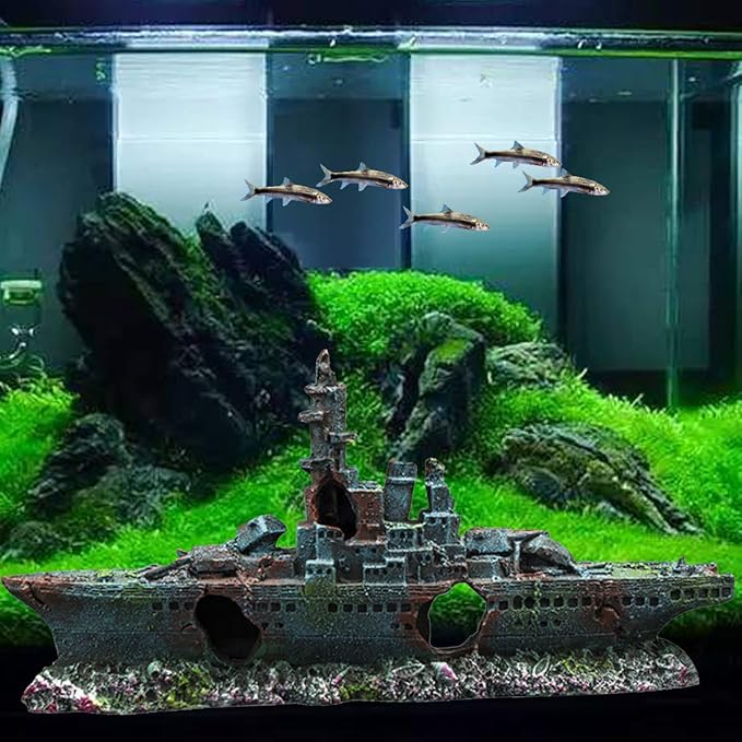 S-Lifeeling Fish Tank Decoration Moss Rockery Stone Plants Wood Ruins Landscaping Turtle Tank Decoration Fish Shrimp Shelter (Shipwreck)