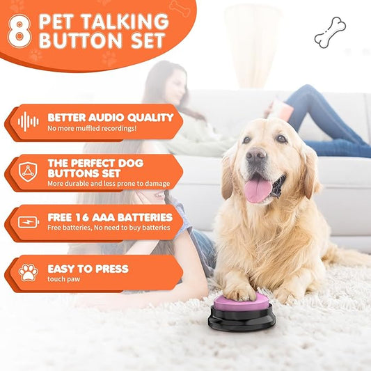 Dog Buttons for Communication,Talking Buttons for Dogs,8 Recordable Sound Buttons + 24 Scene Patterns + 1 Dog Button Mat+ 16 AAA Batteries,30 Seconds Dog Buttons for Pet Sound Training Toy