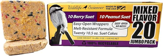 Wildlife Sciences Suet Cake Jumbo Mixed 20 Pack | 10 Peanut & 10 Berry 10.5 oz. Suet Cakes for Wild Birds