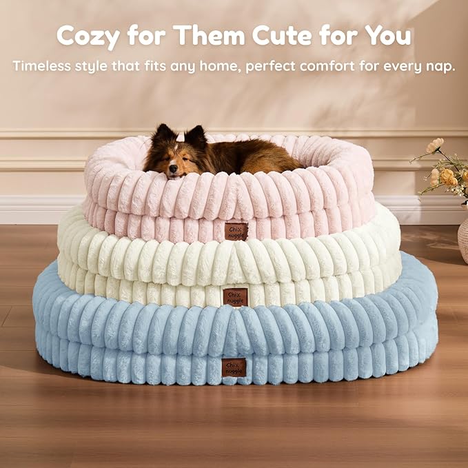 ChiXnuggle Dog Bed Medium Sized Dog - Luxury Striped Faux Fur Waterproof Pet Couch with Removable Washable Cover, Orthopedic Pet Bed with Bolster Sides for Sleeping, Light Blue