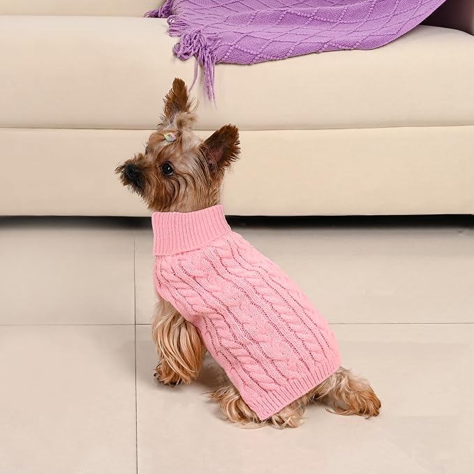 Dog Sweater 2 Pack for Small Dogs, Size XS, Pink & Red | Stretchy cable knit turtleneck, machine washable, high belly cut, comfy winter fit for Chihuahua, Yorkie