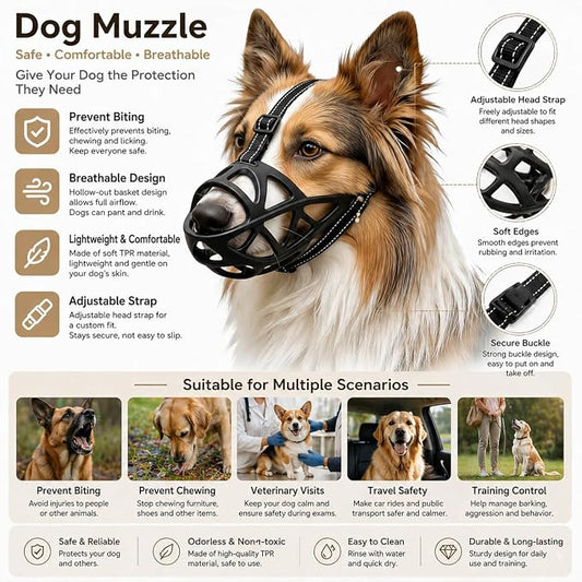 Dog Muzzle, Adjustable Pet Mask with Reflective, Breathable Pet Mask for Large Dogs, Medium Dogs, Small Dogs, Prevents Chewing and Biting, Durable Dog Muzzle that Allows Panting (S)