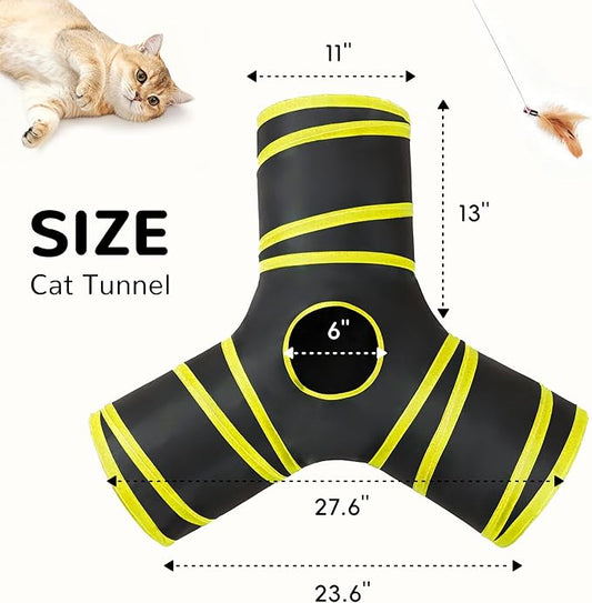 Tempcore Cat Tunnel for Indoor Cats, 3-Way Collapsible Play Tunnel with Teaser Wand, Peek Holes & Toy Ball, Small Pet Toy for Kittens & Rabbits, Black & Yellow