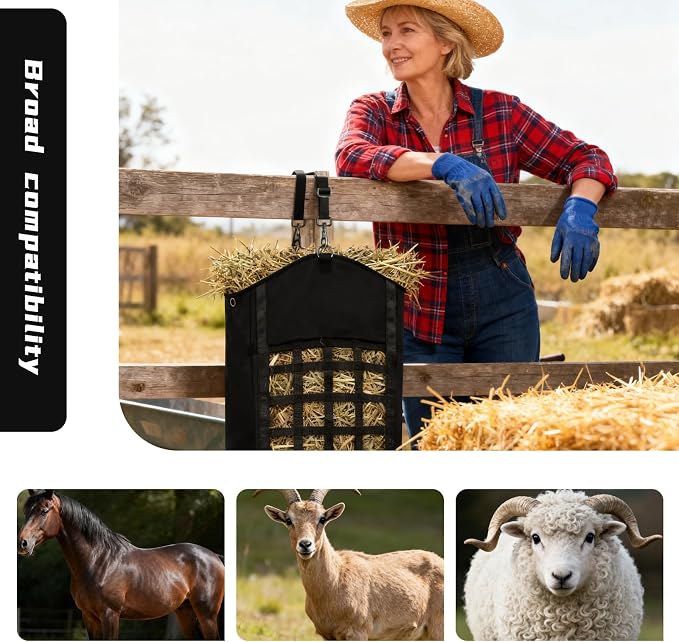 2 Pack Hay Bags for Horses,Goats,Sheep, Horse Hay Nets with Adjustable Straps, Large Top Opening Hook-and-Loop Seals, Durable Hay Feeder for Equine & Livestock