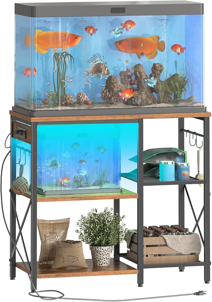HOOBRO Fish Tank Stand with Power Outlet and LED Light, 20-29-37 Gallon Aquarium Stand with Storage Shelves, 30.7" L x 13.8" W, Reptile Tank Stand with Stable Metal Frame, Rustic Brown BF80UDFT01G1
