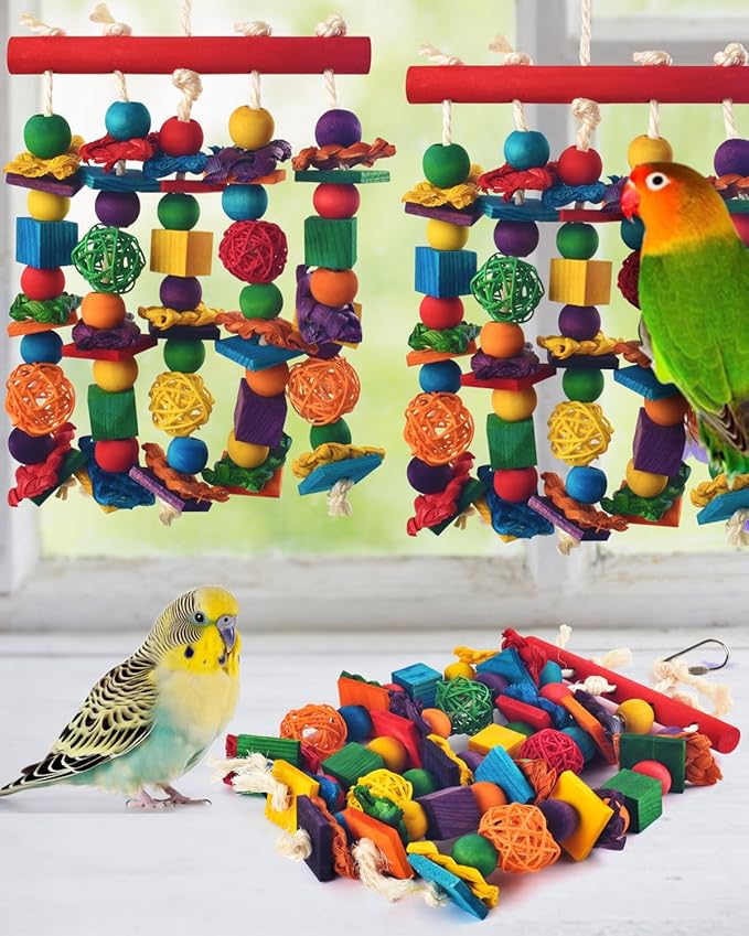 DBNESS Bird Toys, 3PCS Parrot Foraging Hanging Toy, Multicolored Natural Wooden Blocks Parakeet Chewing Toys mit Rattan Wicker Balls, for Medium Small Cockatoos Budgie Lovebird Cockatiel Conure
