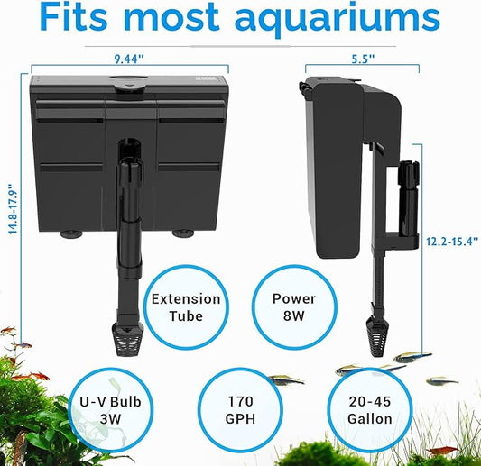 U-V Aquarium Filter for 30-45 Gallon Tank,Hang On Back Aquarium Filter Green Water Cleaning Machine,HOB Filter Ultra-Quiet Powerful Pump 170GPH for Fish Turtle Tank with Surface Skimme