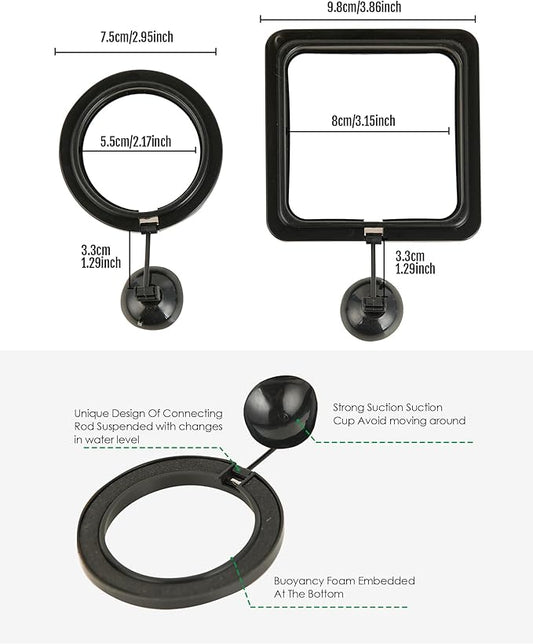 Fish Feeding Ring, 2 Pack Black Aquarium Floating Food Feeder Circle Small Round and Square with Flexible Lever Suitable and Suction Cup, Reduces Fish Feeder Waste and Maintains Water Quality