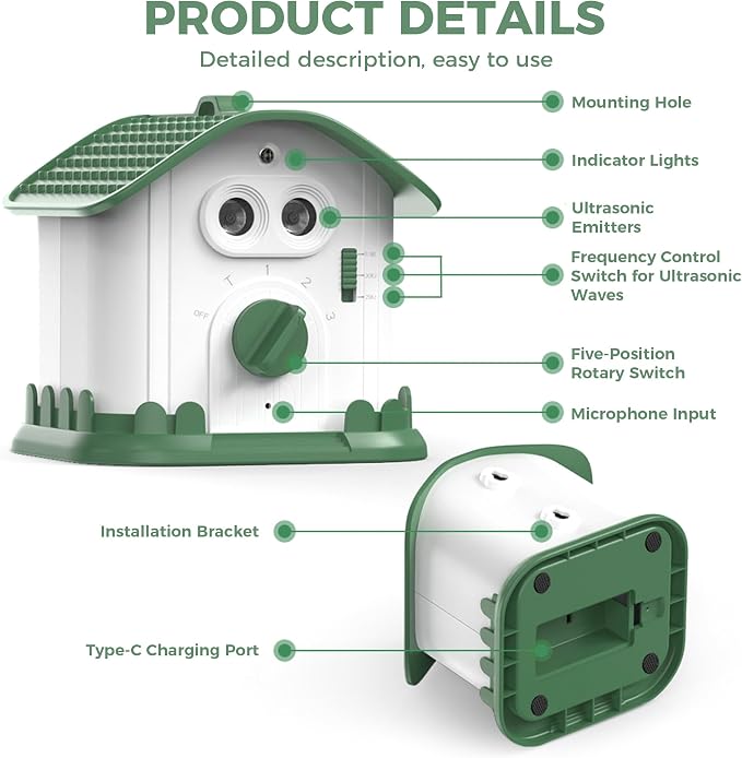 Adjustable Ultrasonic Dog Bark Deterrent Device with Smart Detection | Waterproof, Long-Range Indoor Outdoor Use, Portable, Type-C Fast Charging