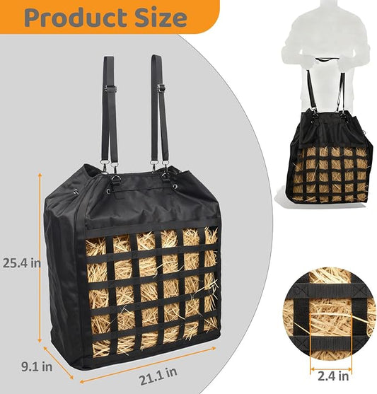 Extra-Large 25×21×9 in Slow-Slow Feed Hay Bag with Drawstring Closure & Rope-Head Pocket – Heavy-Duty Oxford Fabric Horse, Donkey & Goat Hay Feeder – Prevents Waste & Enhances Safety