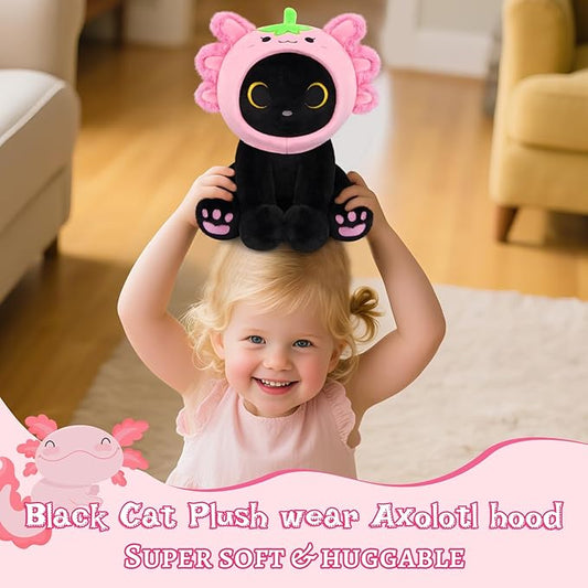 Axolotl Plush Toy, 8inch Kawaii Black Cat Wear Strawberry Plush Removable Hood, Cute Plushies Soft Stuffed Animal Doll, Valentine's Day Birthday Gift for Kids Boys Girls Adults