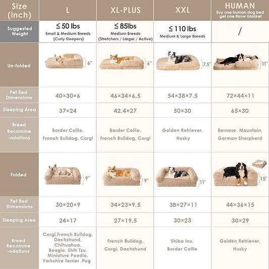 EHEYCIGA Foldable XXL Dog Bed for Large Sized Dog, 54"x38"x7.5" Faux Fur Fluffy Pet Couch Bed, Orthopedic Calming Memory Foam Big Pet Bed, Washable Pet Sofa Bed with Non-Slip Bottom, Camel
