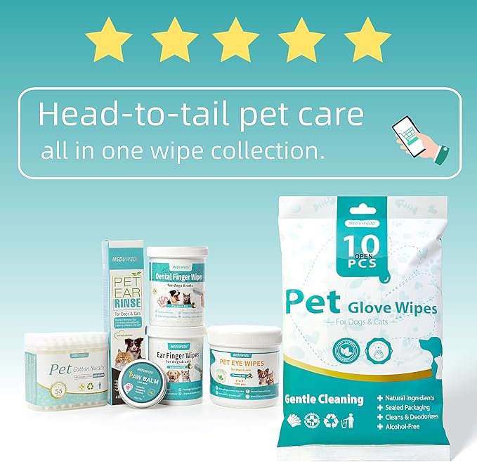 MEDUWEDU Ear Cleaner Wipes 120 Counts, Dog Ear Cleaner, Grooming Kit Care for Dogs and Cats, Soft & Easy Otic Cleaning Pads, Remove Wax, Dirt & Stop Smelly, Itchy, Non-Irritating, Coconut Scent