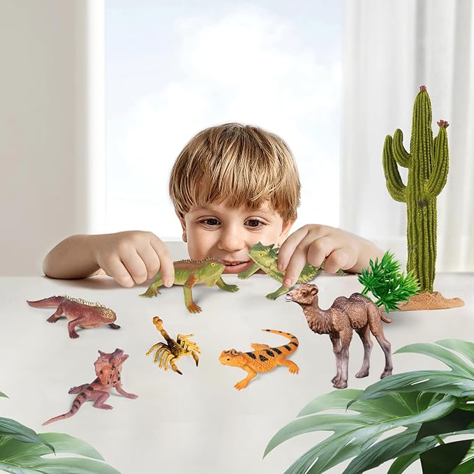 SIENON 32Pcs Desert Animal Figures Playset Model Trees Cactus Kit Diorama Project with Camel Fennec Fox Rattlesnake Scorpion Lizard Reptile Toy for Kids Birthday Cake Toppers Party Decorations